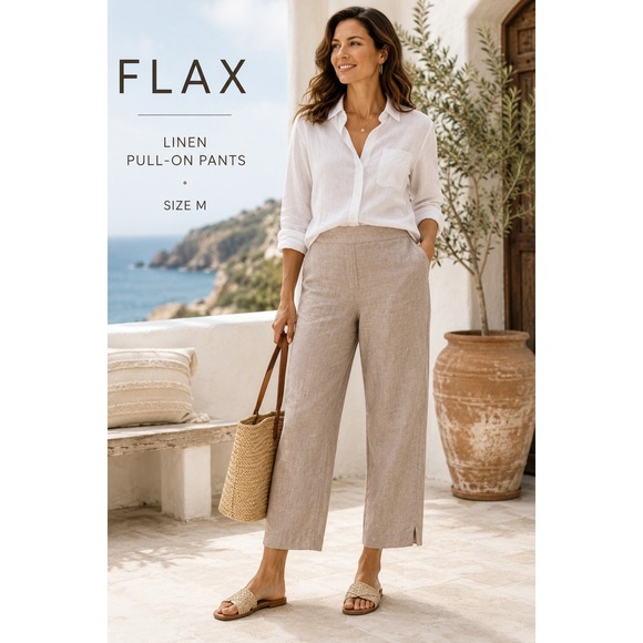 Flax Pants - FLAX Linen Pants Womens M Rose Pull On Elastic Pockets Hem Slit Straight Leg